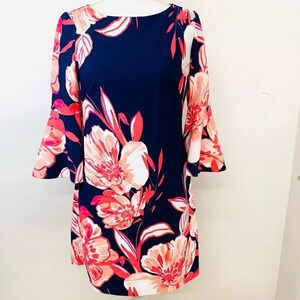 Eliza‎ J Dress 6 P  Pink Blue Floral Flare Sleeve Sheath Above Knee Career Event